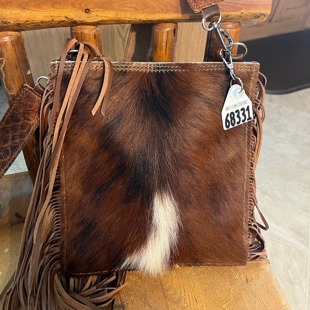 Brown and White Cowhide Fringe Bag